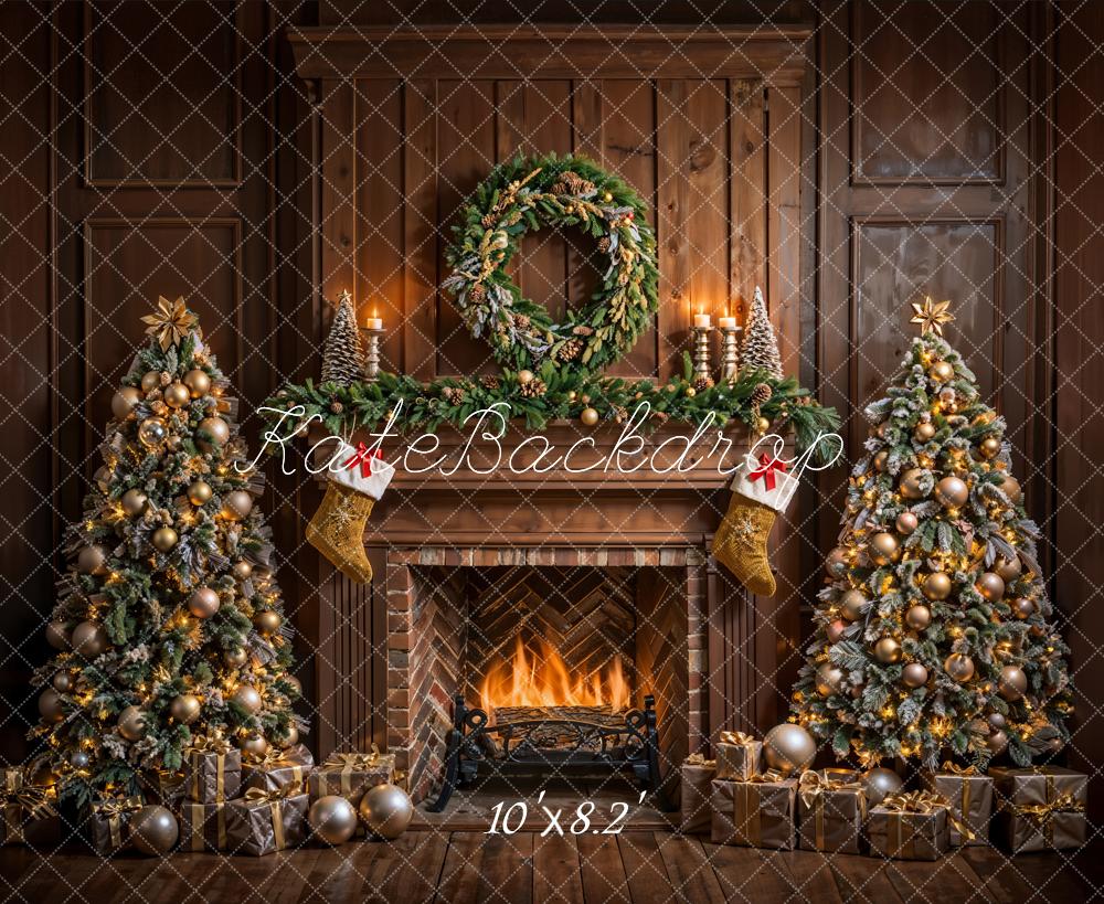 Kate Christmas Brown Fireplace Vintage Wall Backdrop Designed by Emetselch -UK