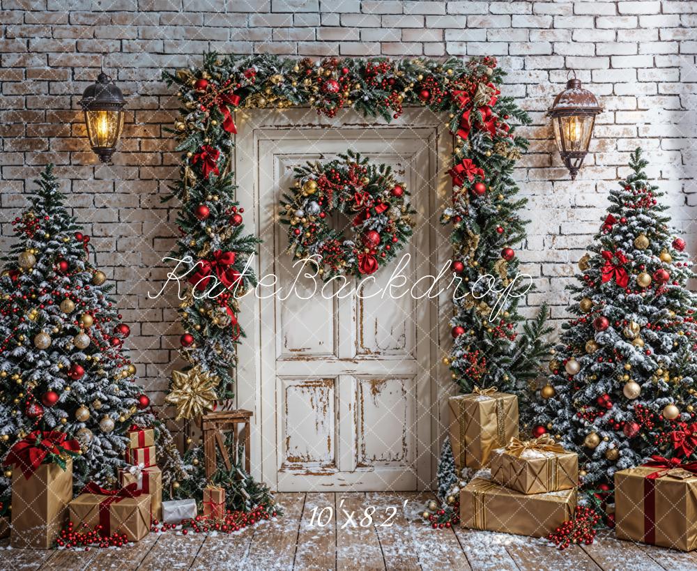 Kate Christmas Tree White Door Brick Wall Backdrop Designed by Emetselch -UK