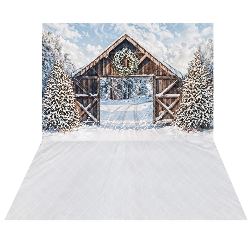 Kate Winter Snow Forest Cabin Door Backdrop+Ivory White Floor Backdrop -UK