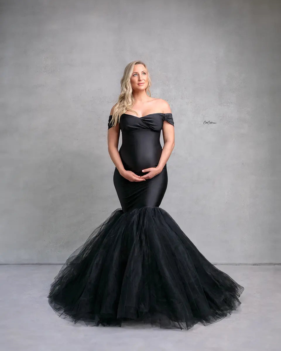 Kate Blue Off Shoulder Satin Maternity Photoshoot Dress -UK