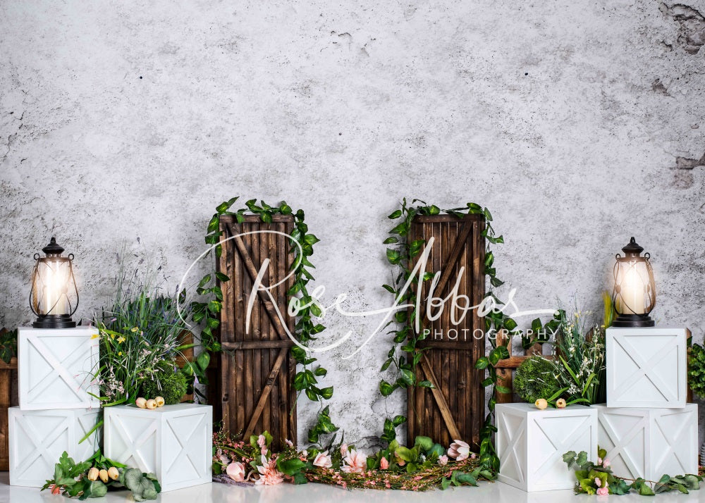 Kate Spring Green Plants Wooden Door Backdrop Designed By Rose Abbas -UK