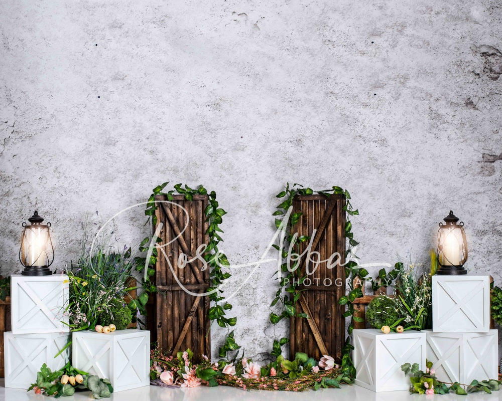 Kate Spring Green Plants Wooden Door Backdrop Designed By Rose Abbas -UK