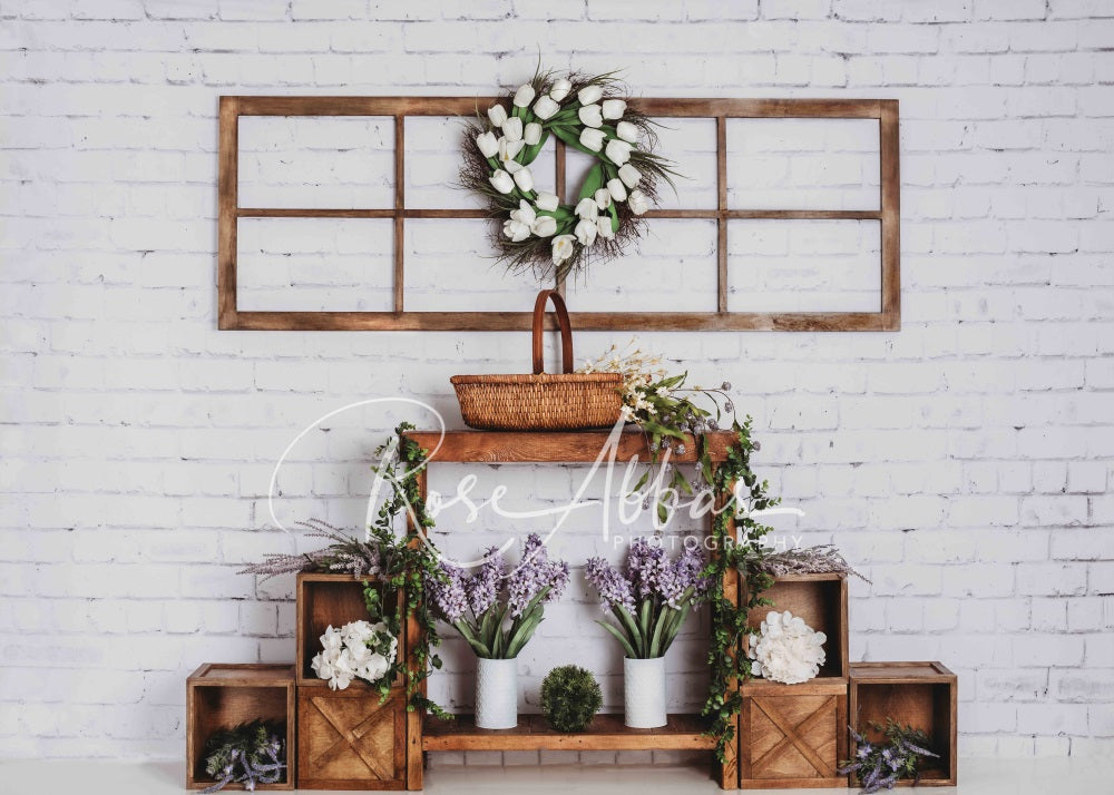 Kate Spring Floral White Brick Wall Backdrop Designed By Rose Abbas -UK