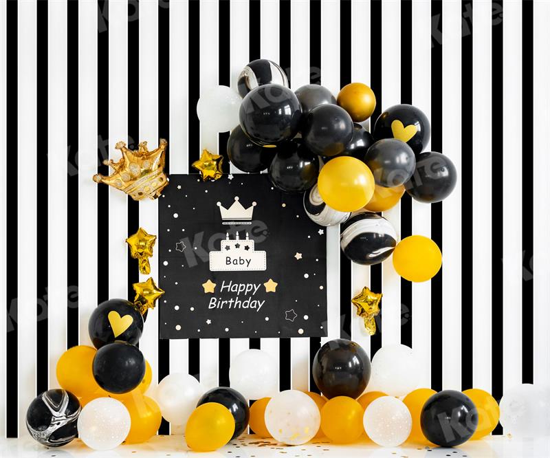 Kate Birthday Black Yellow Balloons Stripe Backdrop for Photography -UK