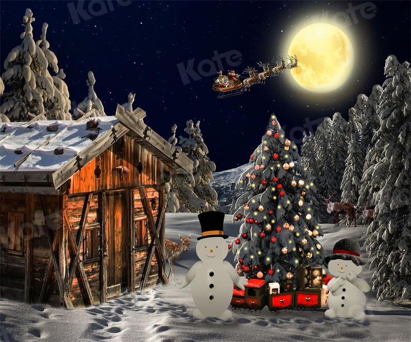 Kate Christmas Night Wooden House Tree Backdrop for Photography -UK