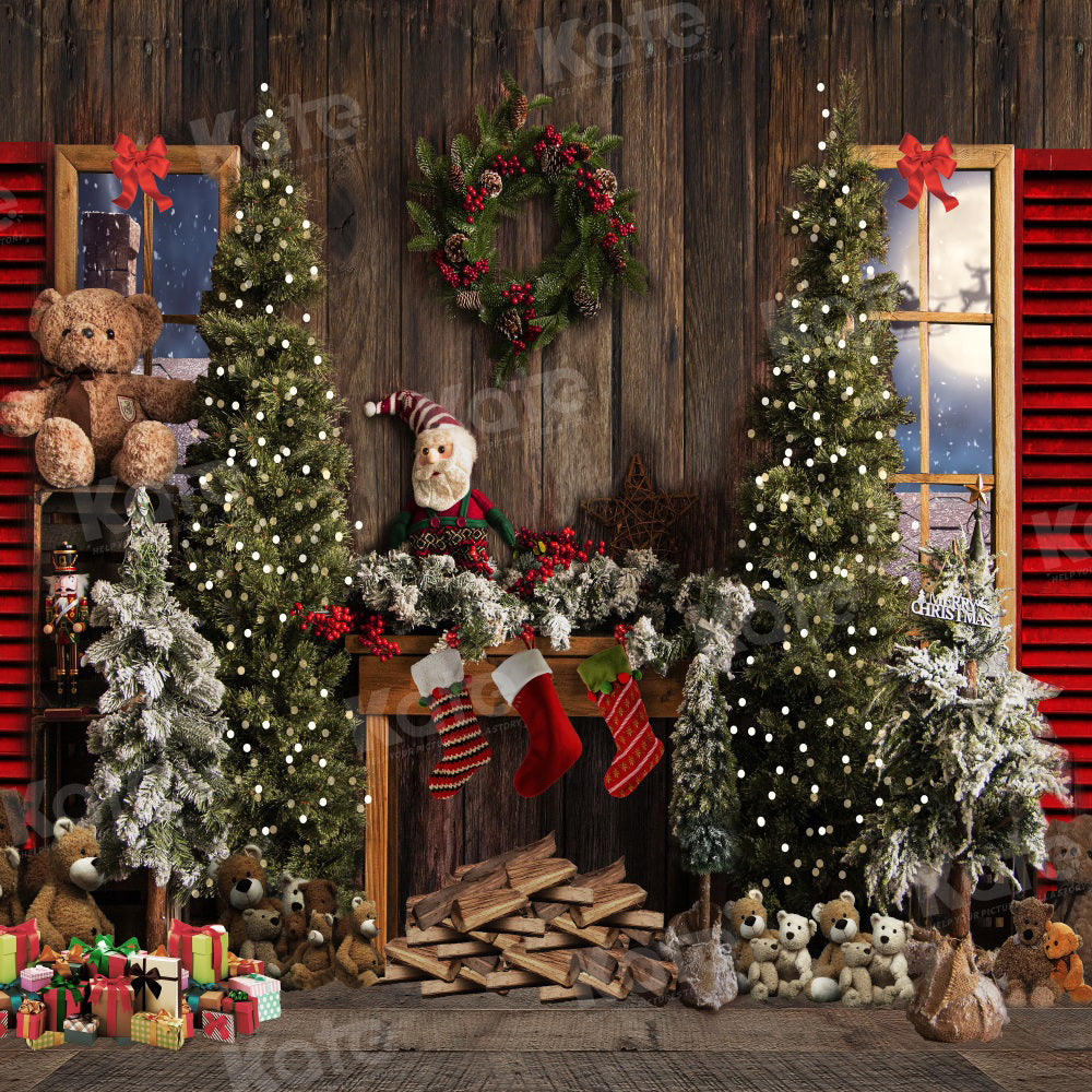 Kate Vintage Christmas Fireplace Teddy Bear Backdrop for Photography -UK