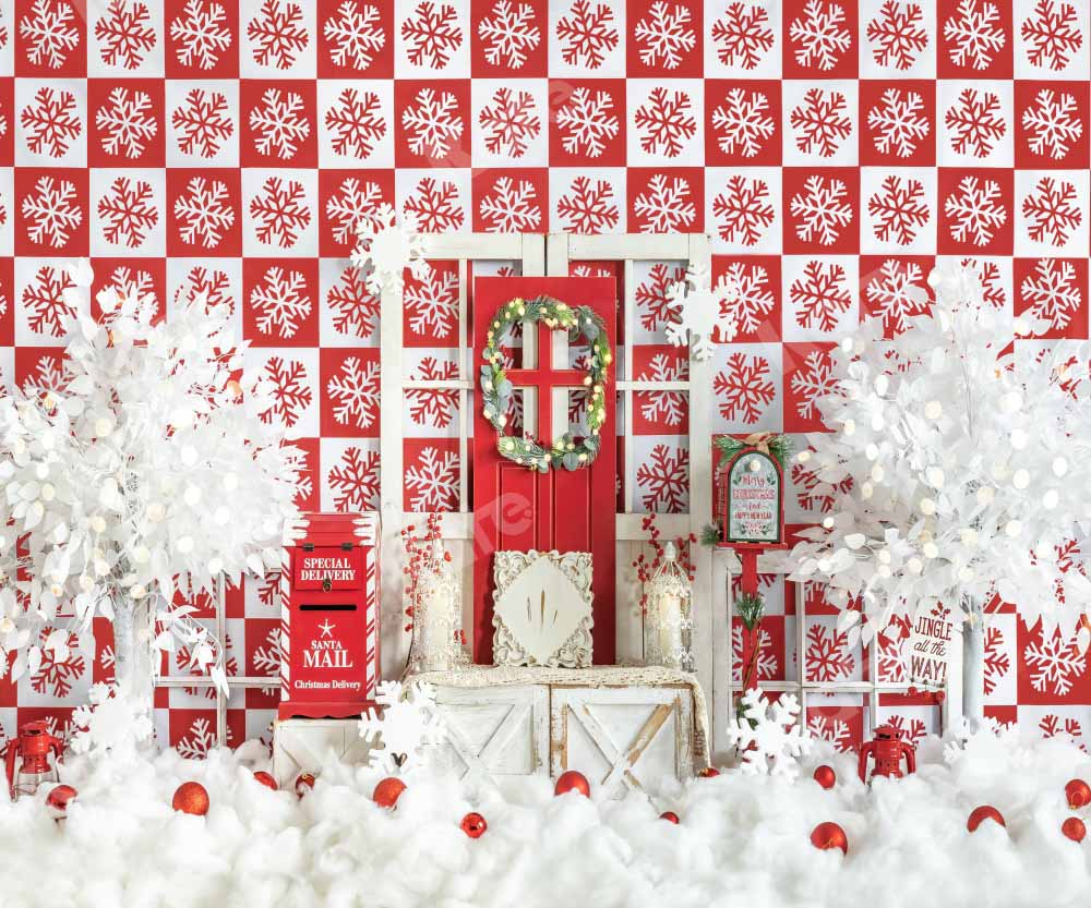 Kate Red Christmas Snow Winter Checkered Backdrop  Designed by Emetselch -UK