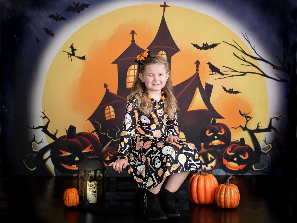 Kate Halloween Backdrop Pumpkins Witch House Designed by Chain Photography -UK