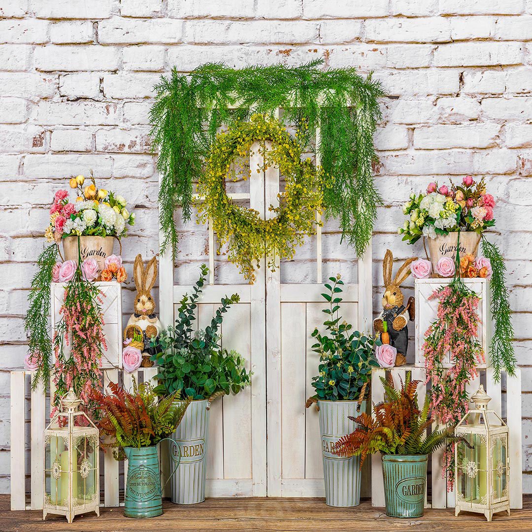 Kate Spring Vines Door White Brick Wall Backdrop Designed by Emetselch -UK