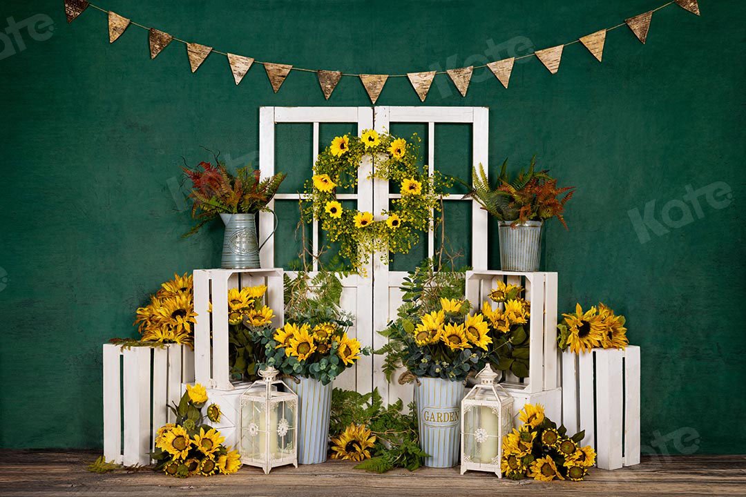 Kate Spring Sunflowers White Door Green Backdrop Designed by Emetselch -UK