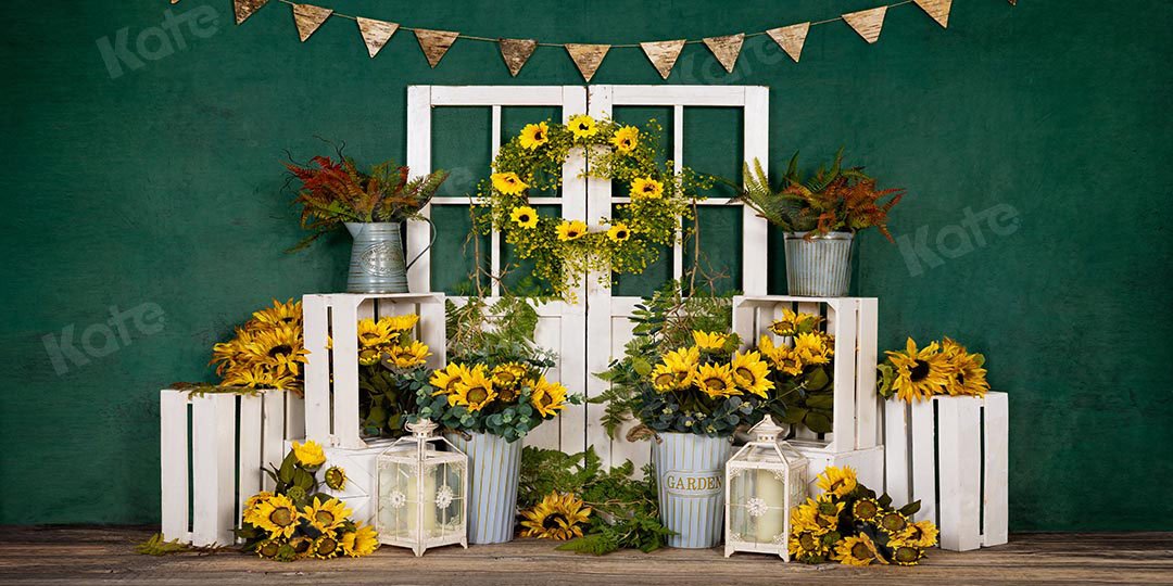 Kate Spring Sunflowers White Door Green Backdrop Designed by Emetselch -UK