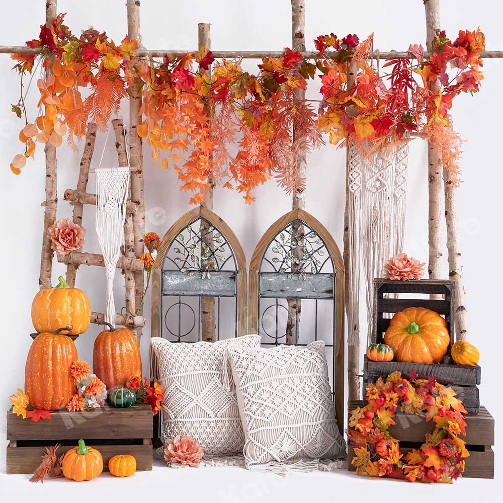 Kate Autumn Pumpkin Maple Leaf Boho Backdrop Designed by Emetselch -UK