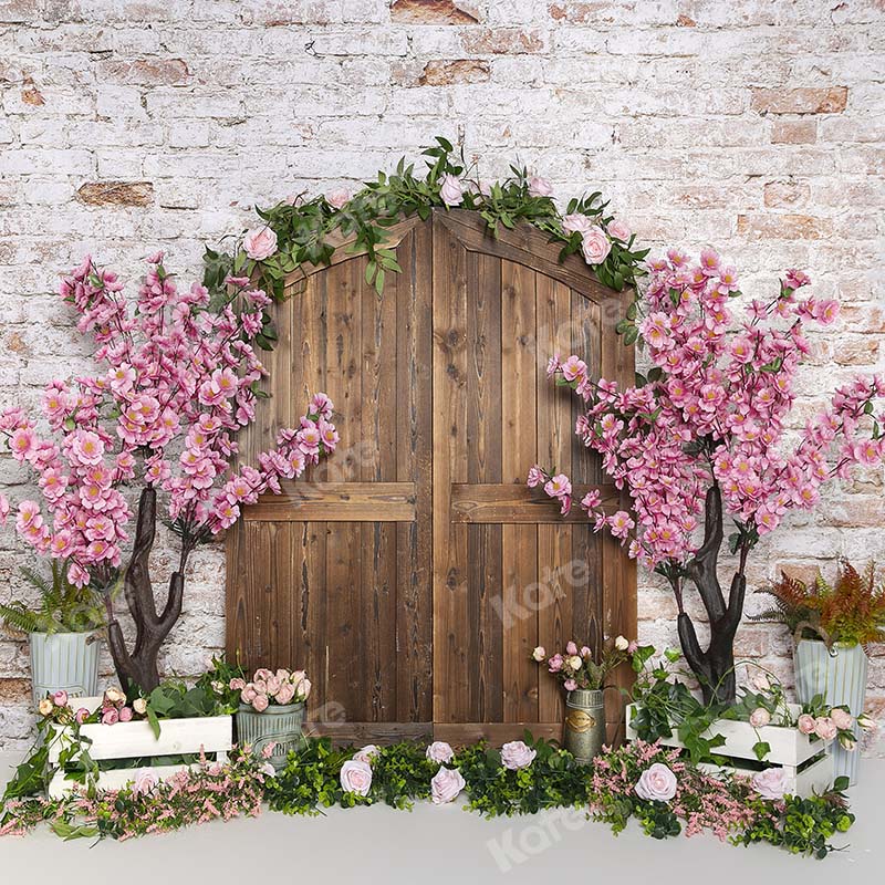 Kate Spring Peach Blossom Wood Door Brick Wall Backdrop Designed by Em