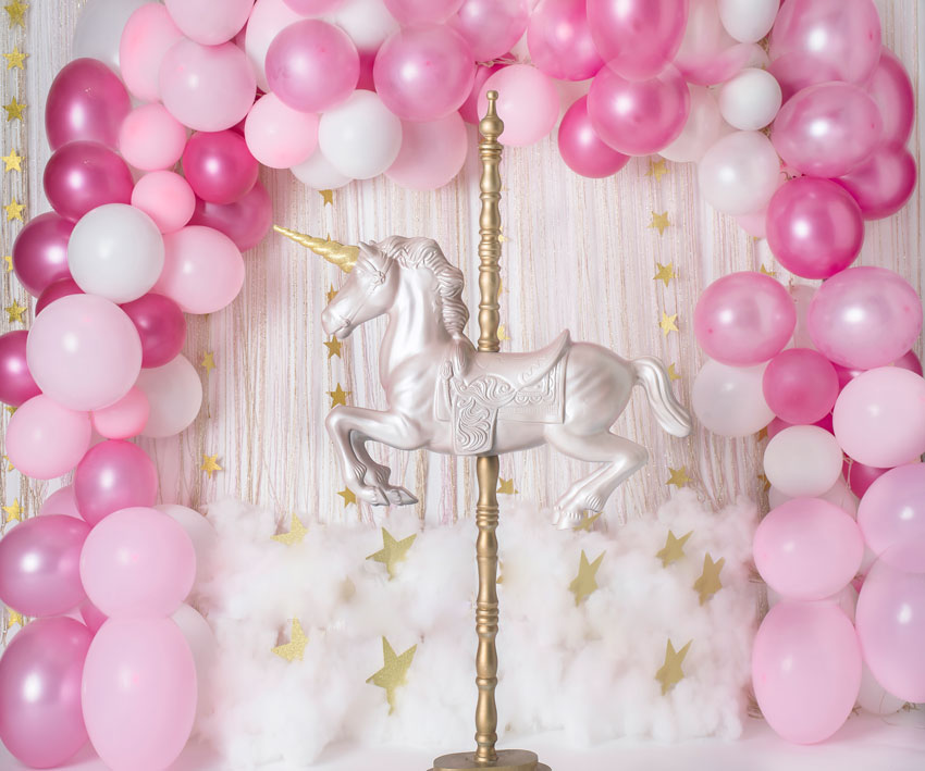 Kate Unicorn in Pink Balloons Backdrop for Children Designed By Rose Abbas -UK