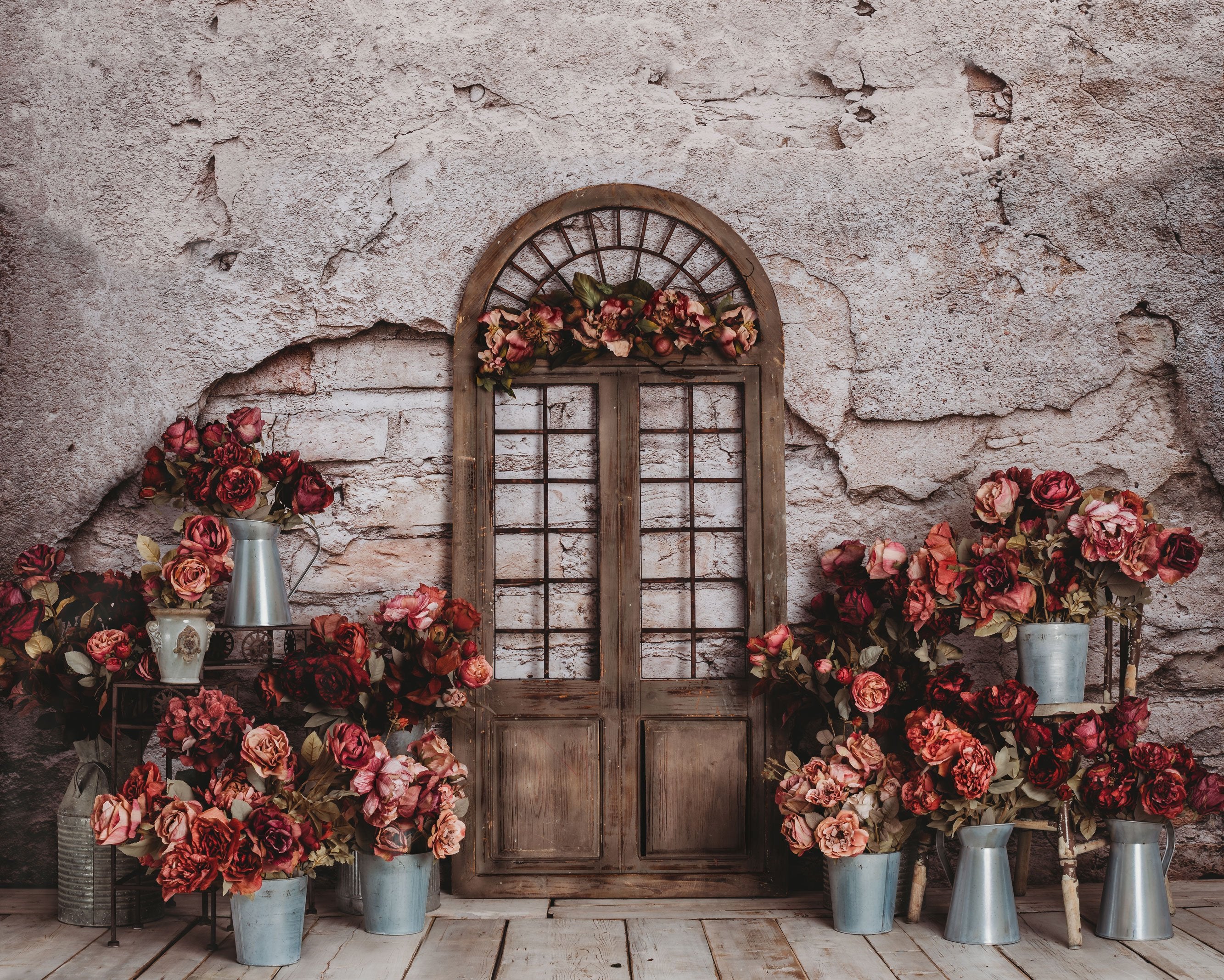 Kate Spring Red Flowers Door Do Old Brick Wall backdrop Designed by Rose Abbas -UK