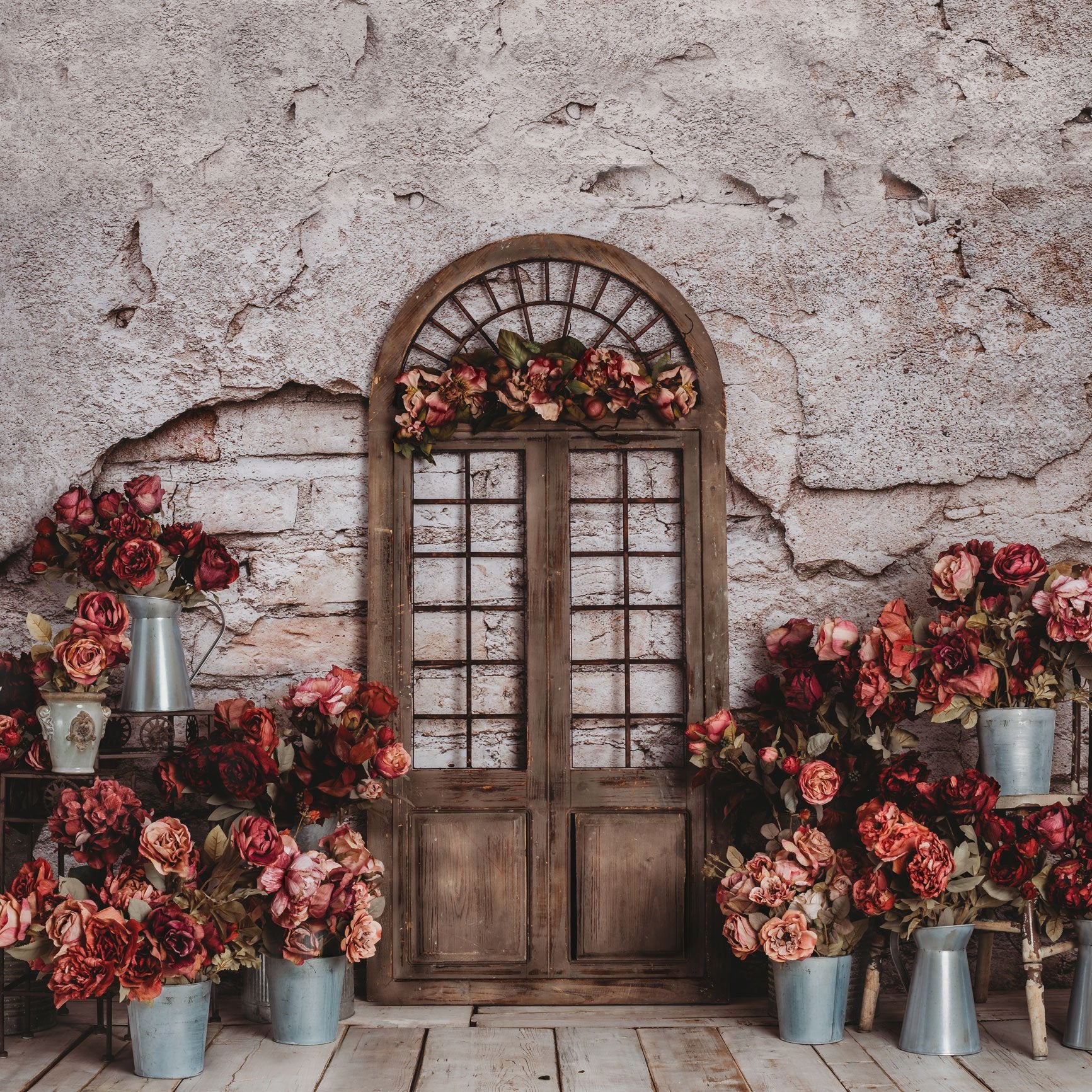 Kate Spring Red Flowers Door Do Old Brick Wall backdrop Designed by Rose Abbas -UK