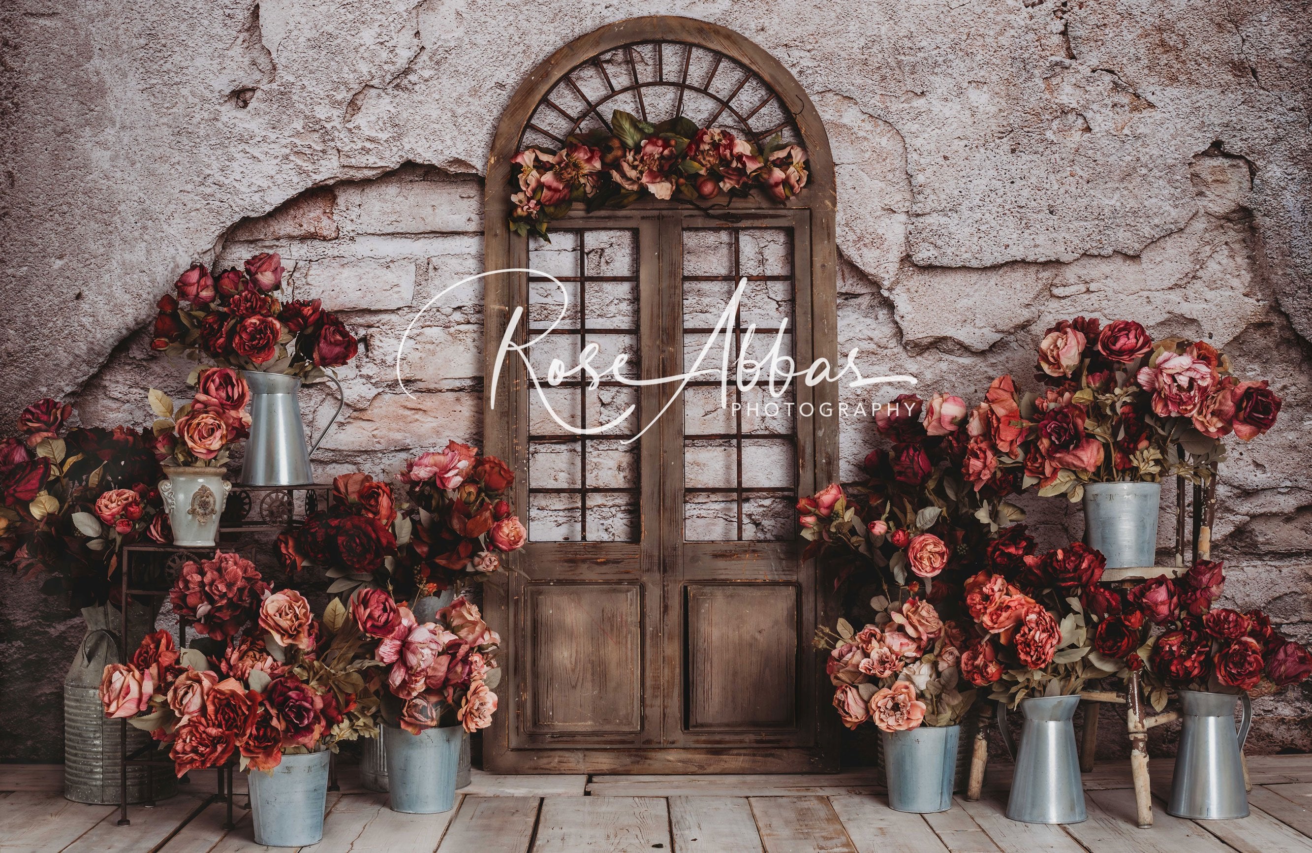 Kate Spring Red Flowers Door Do Old Brick Wall backdrop Designed by Rose Abbas -UK