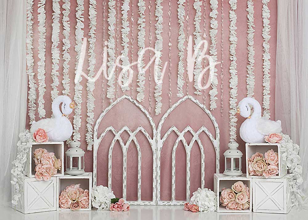 Kate Pink Swan Cake Smash Girly Backdrop for Photography Designed by Lisa B -UK